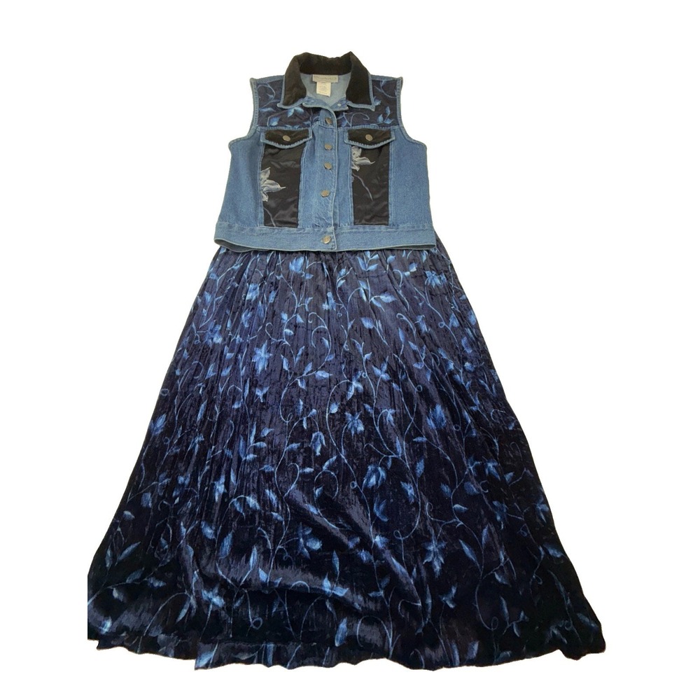 Vintage 1990s Stonebridge blue Floral velvet Satin denim Vest & Skirt Set Size S